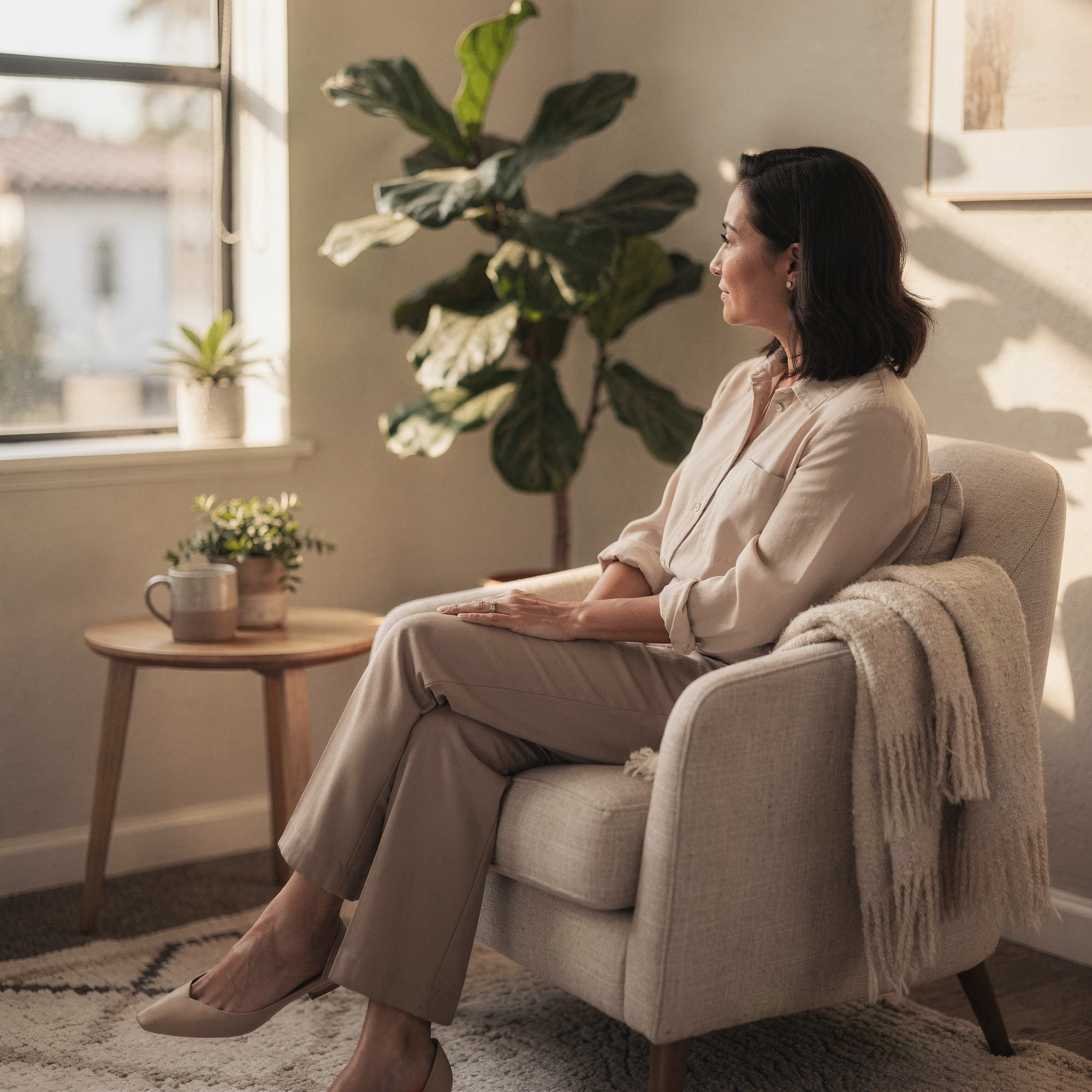 Therapist in Tarzana, CA – client seated in a welcoming therapy office at Uriel Behavioral Wellness